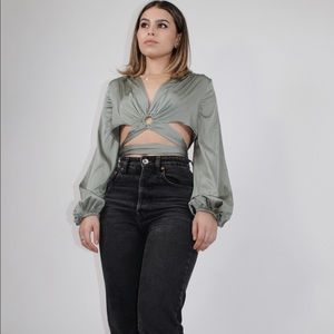 Green satin crop top